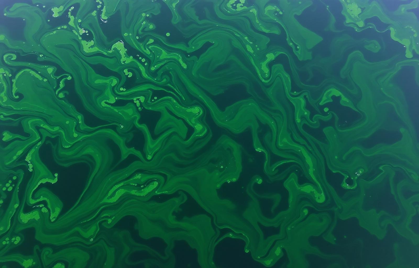 Aerial of green-streaked harmful algal bloom