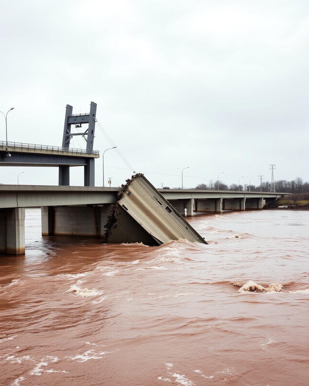 Collapsed bridge with scoured pier in a flooded river