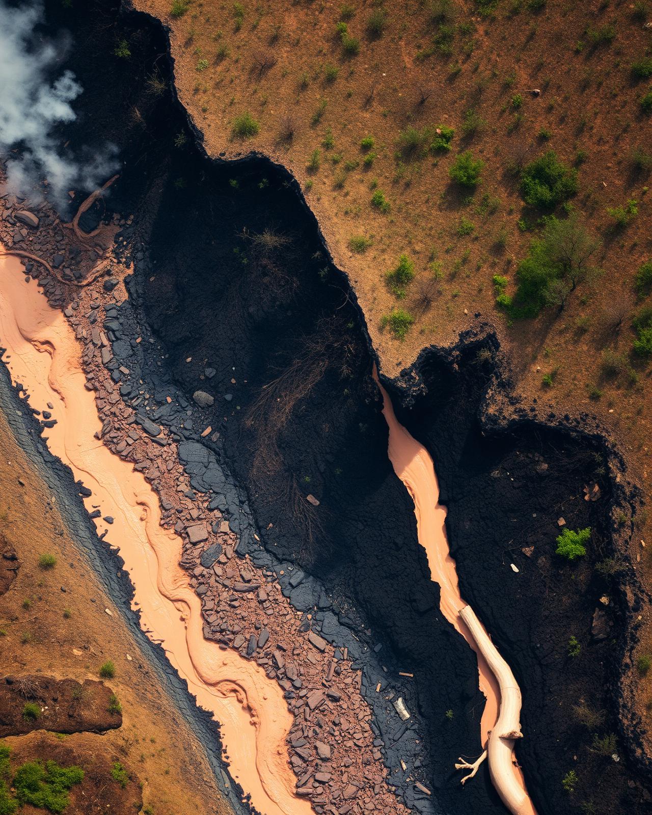 Wildfire burn scar with muddy debris flow runoff
