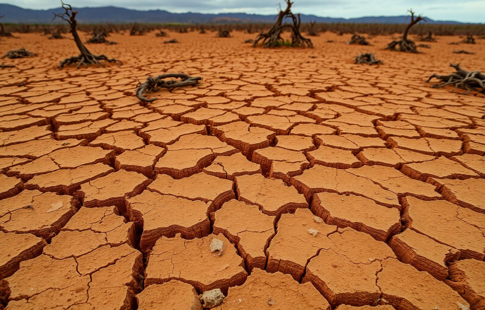Cracked dry earth in a drought-stricken landscape