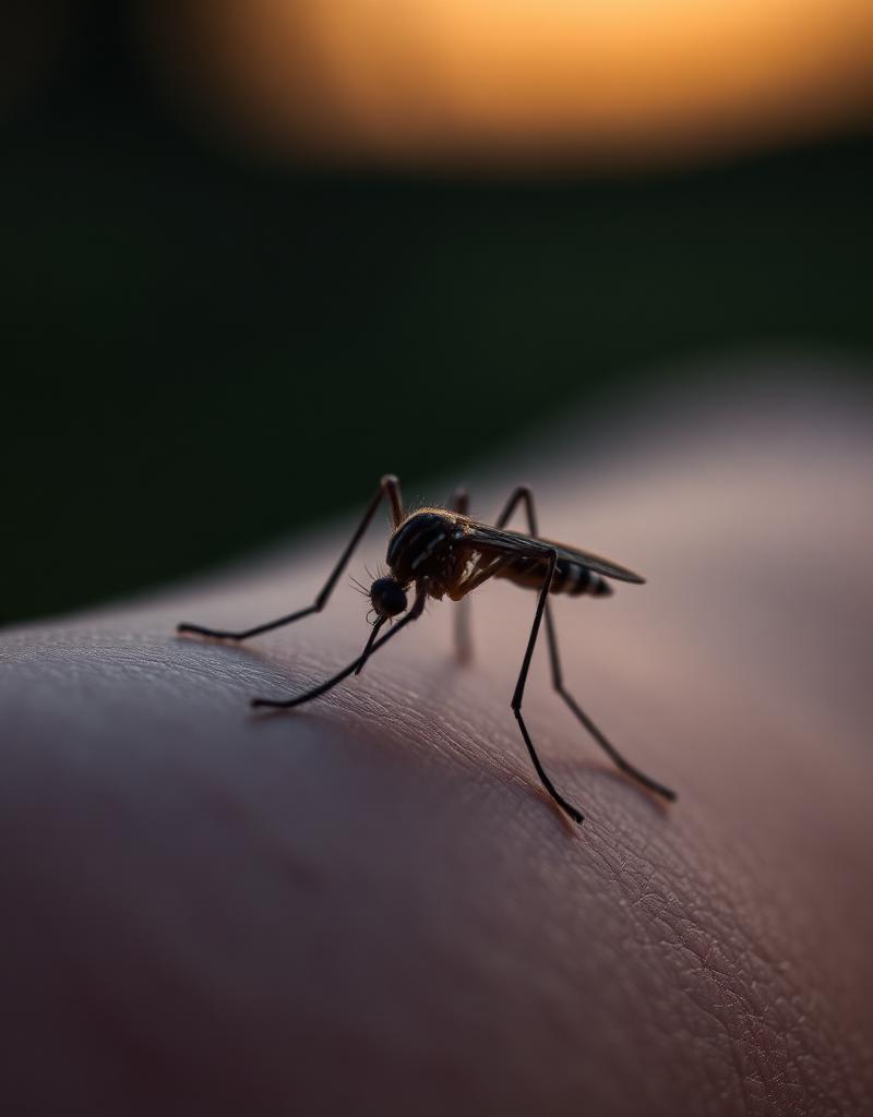 Macro photograph of a mosquito on human skin at dusk