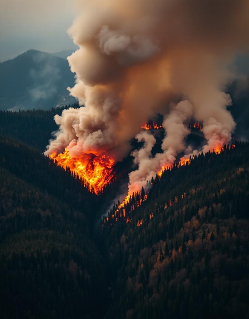Aerial view of a wildfire burning through forested ridges