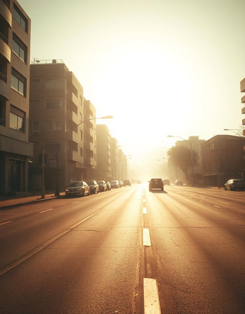 Empty city street shimmering in heatwave glare