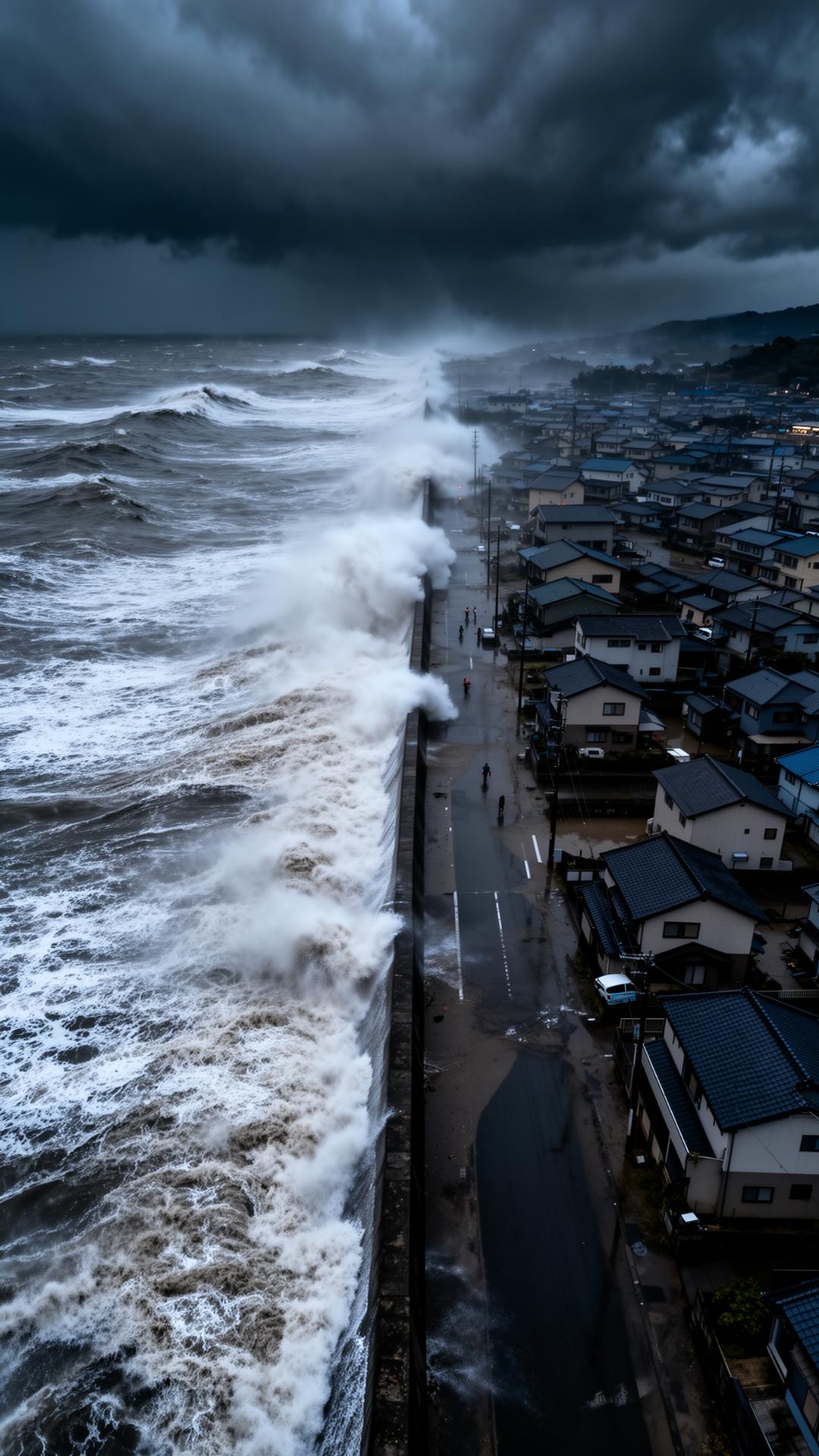 Storm surge breaking over a coastal seawall