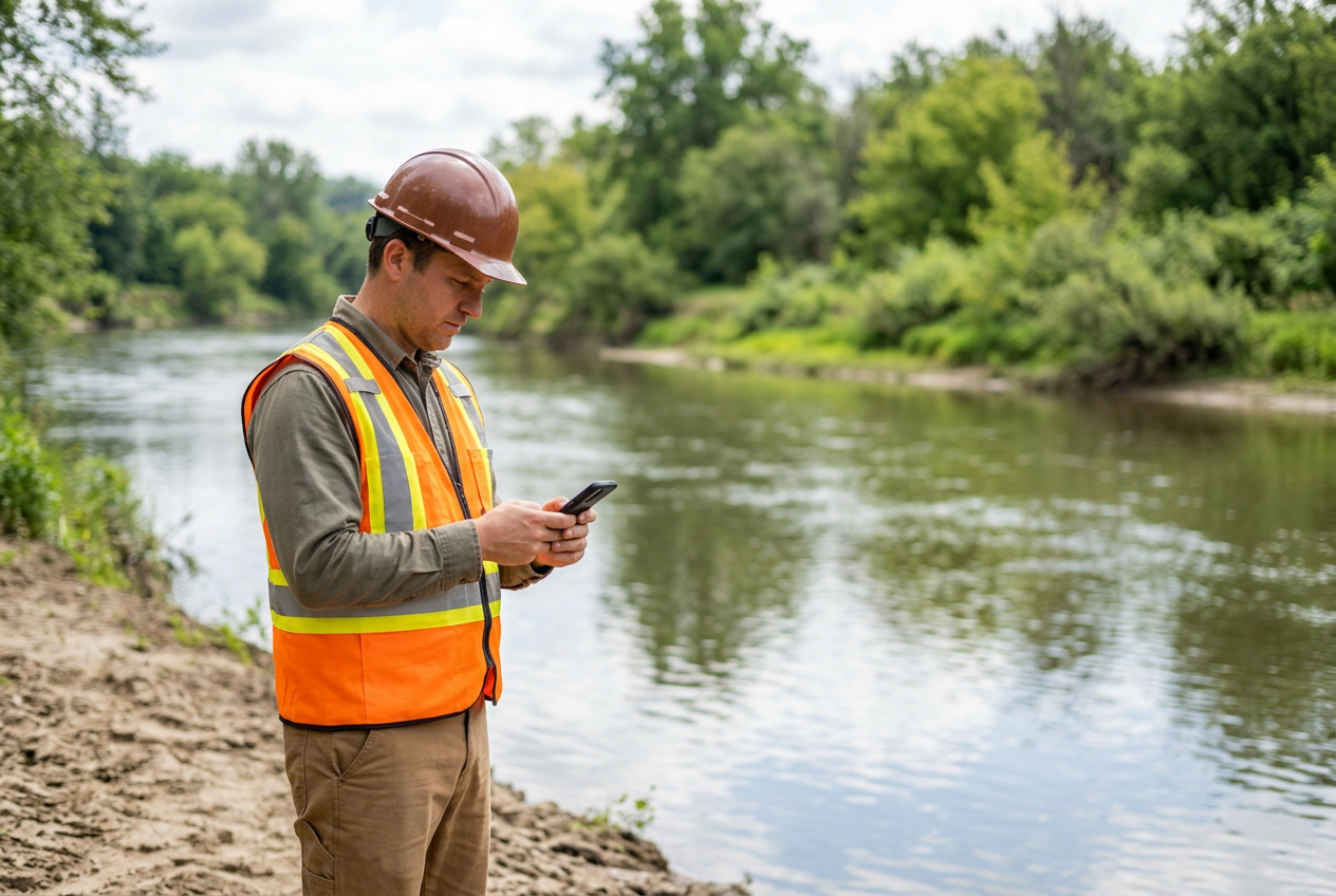 Engineer next to a river checking his phone